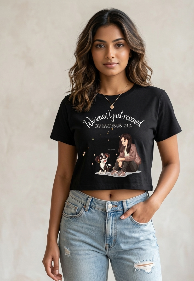 We Wasn’t Just Rescued, He Rescued Me Crop Top | Dog Lover Graphic Cotton Crop Tee