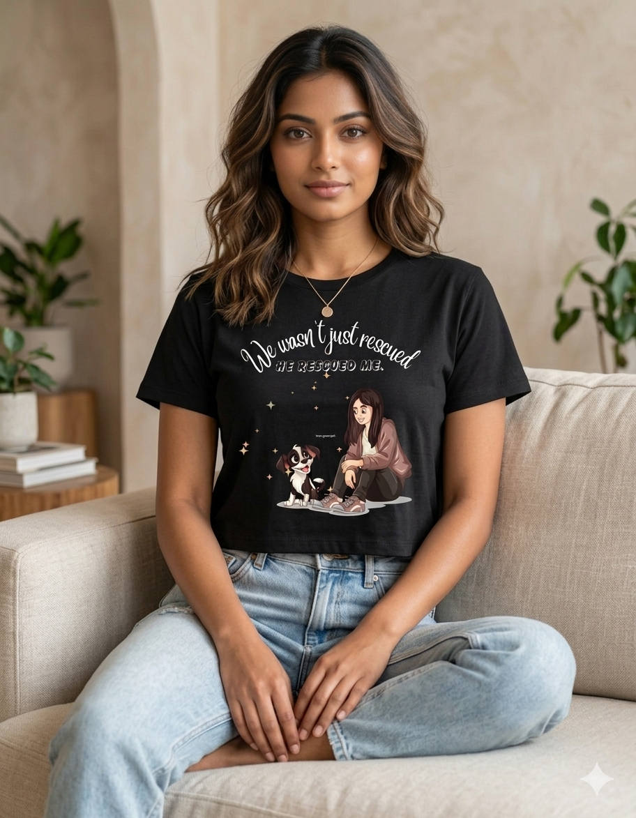 We Wasn’t Just Rescued, He Rescued Me Crop Top | Dog Lover Graphic Cotton Crop Tee